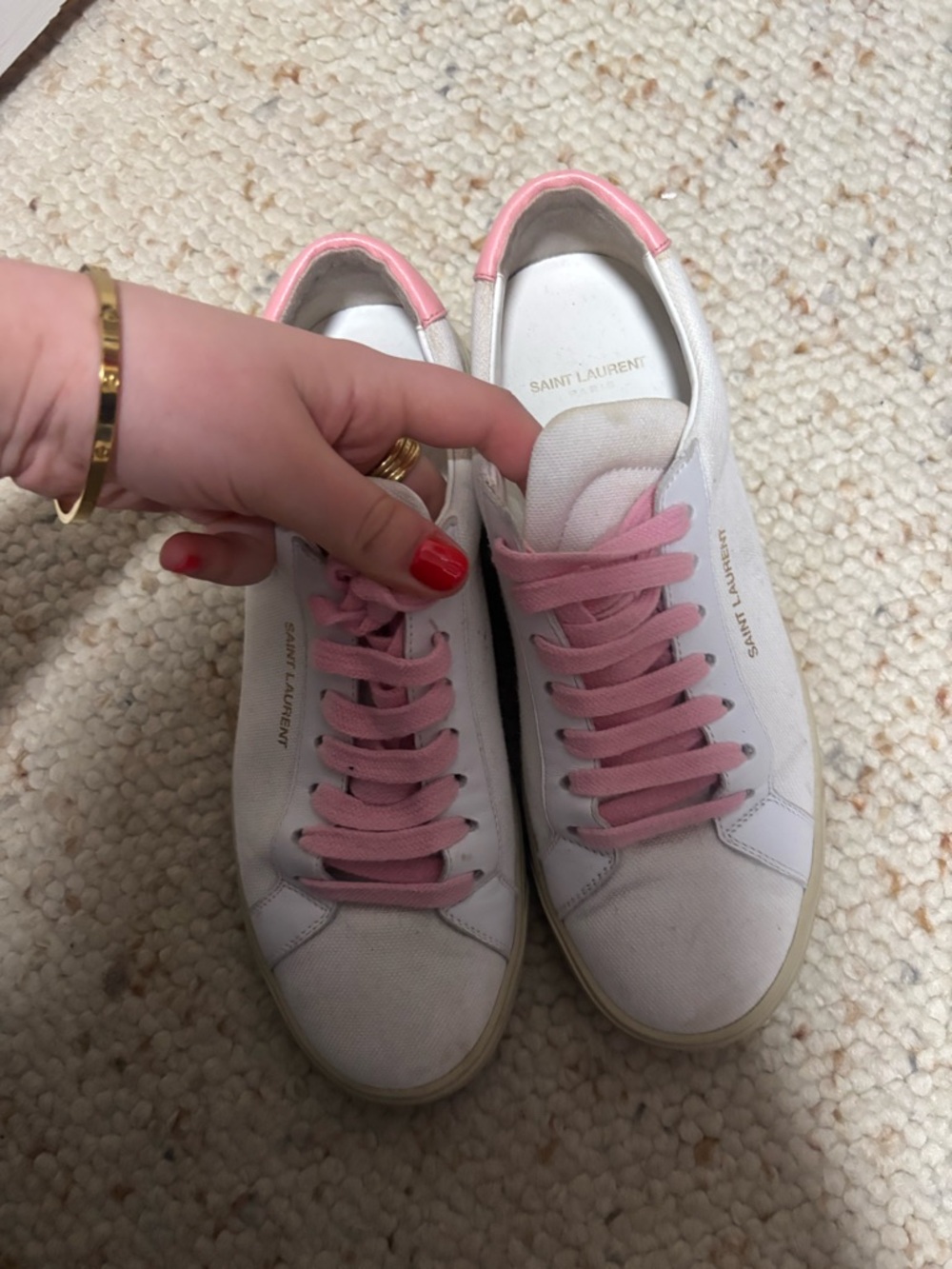 Saint Laurent White Canvas Low-Top Sneakers with Pink Accents